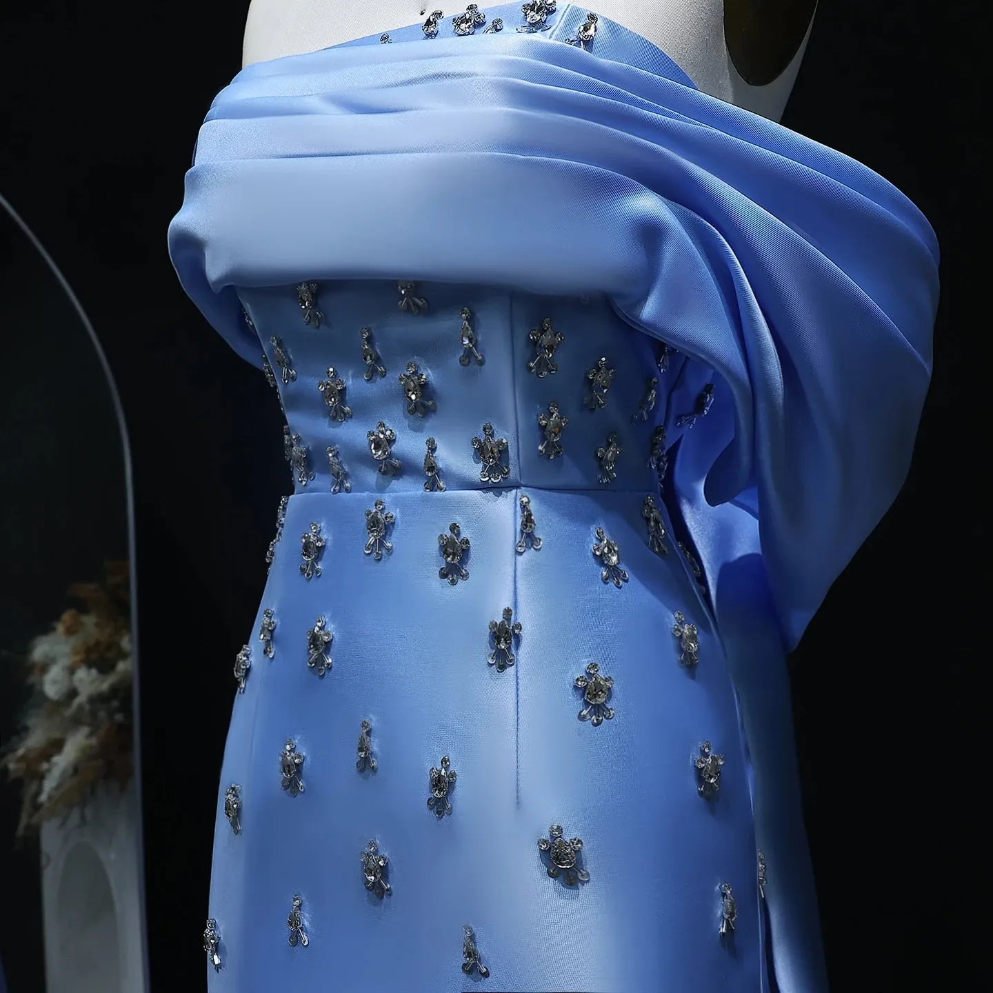 Blue Satin Off-Shoulder Dress with Crystal Skirt SS270