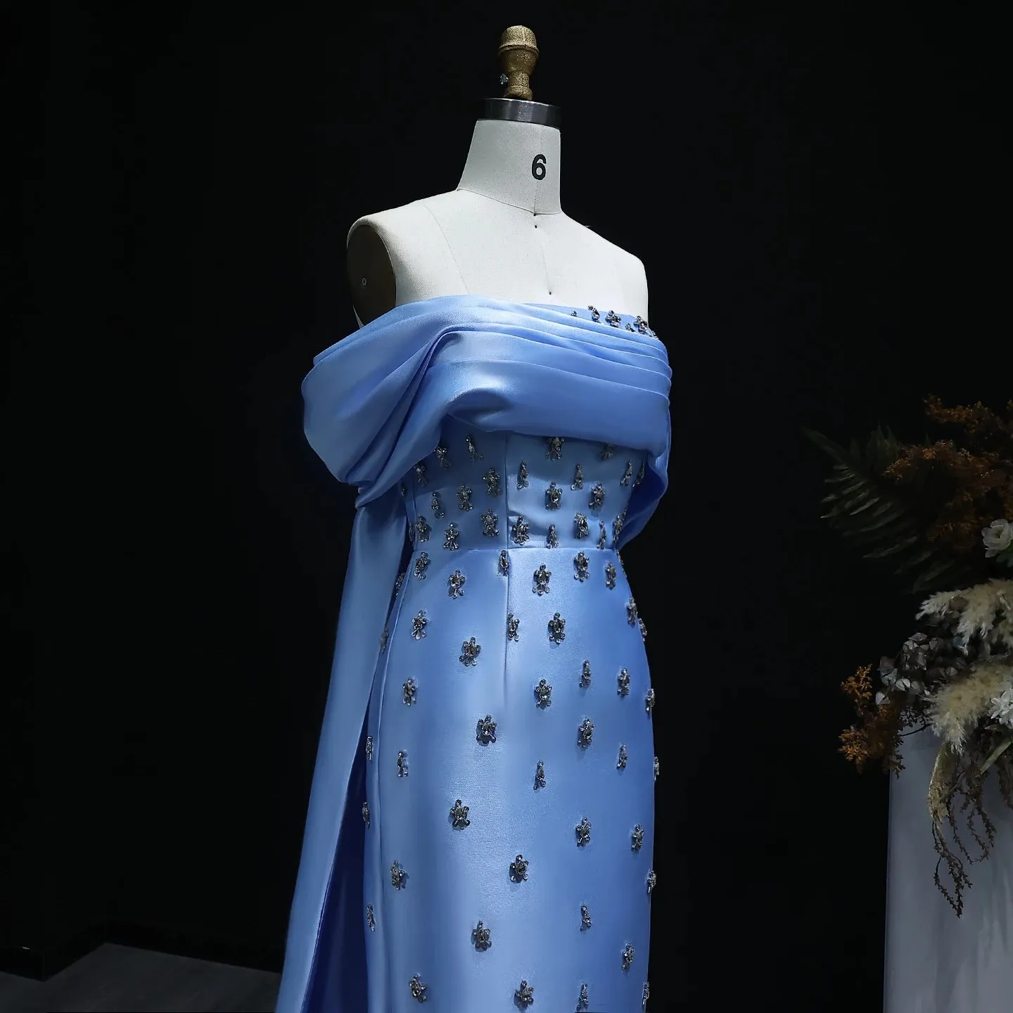 Blue Satin Off-Shoulder Dress with Crystal Skirt SS270