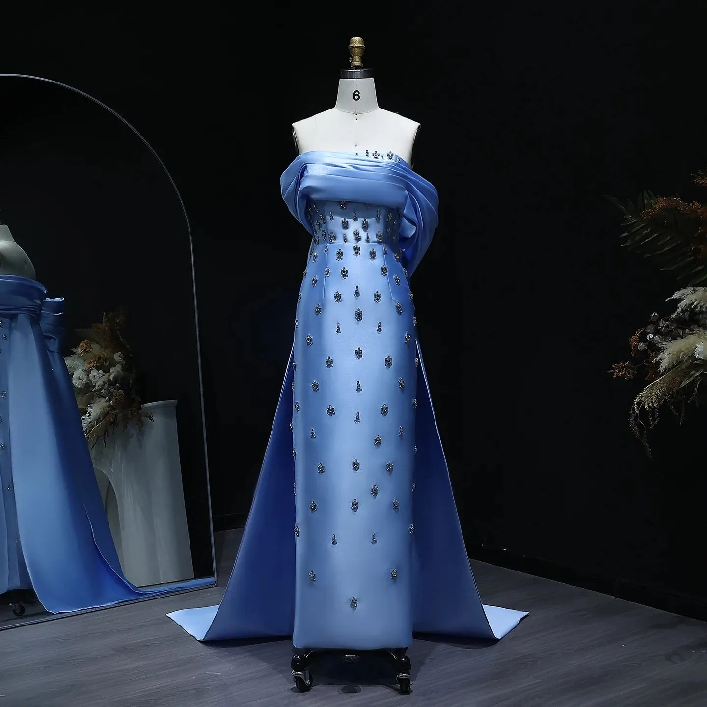 Blue Satin Off-Shoulder Dress with Crystal Skirt SS270