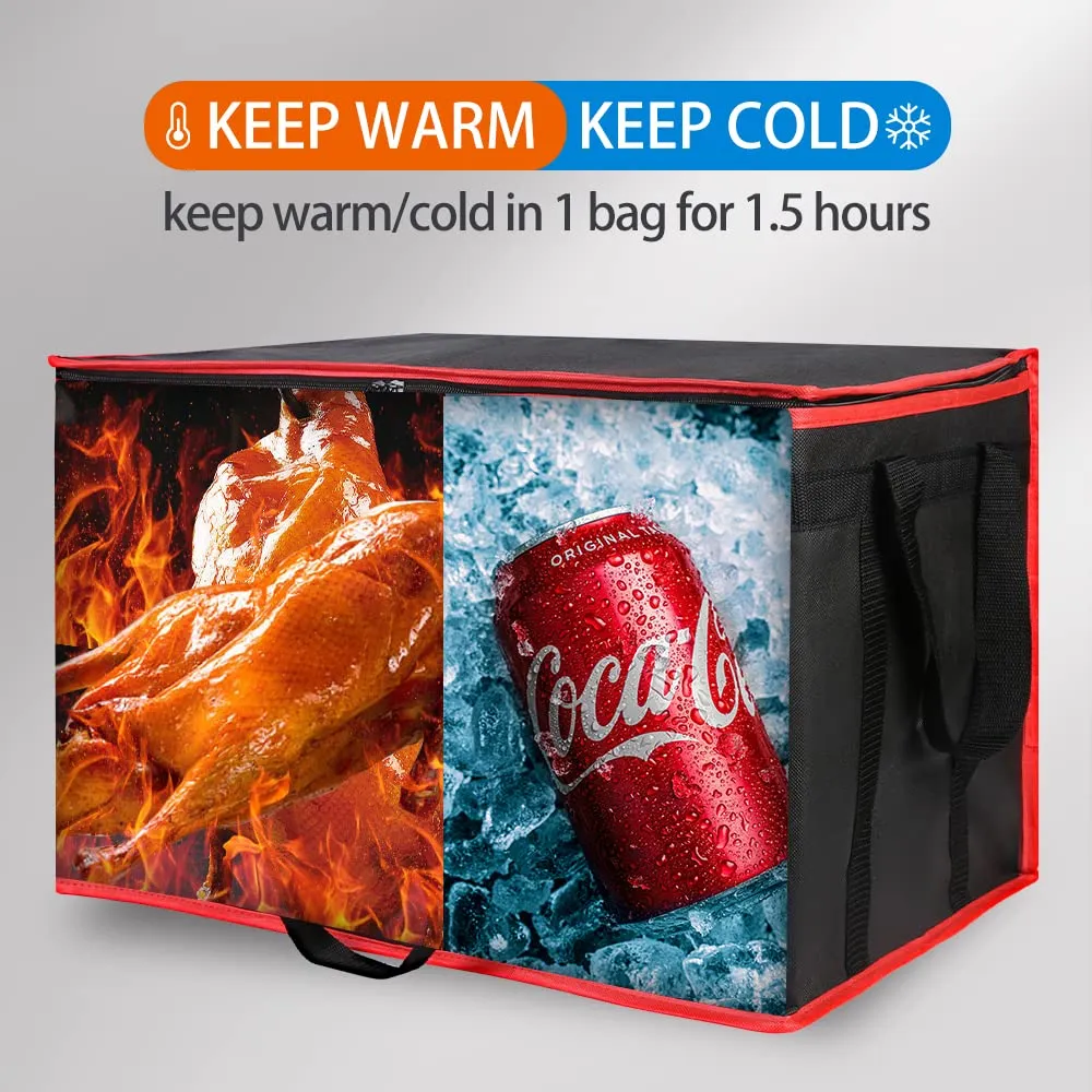 Bodaon 2-Pack Insulated Food Delivery Bag, XXX-Large Meal Grocery Tote Insulation Bag for Hot and Cold Food, Commercial Warming, Large Capacity Reusable Shopping Bags, Cooler Bags (Black   Black-Red)