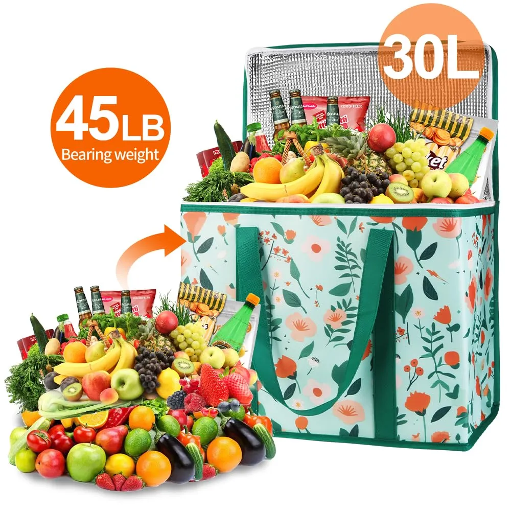 Bodaon 4-Pack Cooler Insulated Food Delivery Bag, X-Large Bags With Top Zippered for Grocery/DoorDash/Catering/Shopping, Thermal Hot Pizza, Large Cold and Frozen Door Dash Accessories, XL Tote, Flower