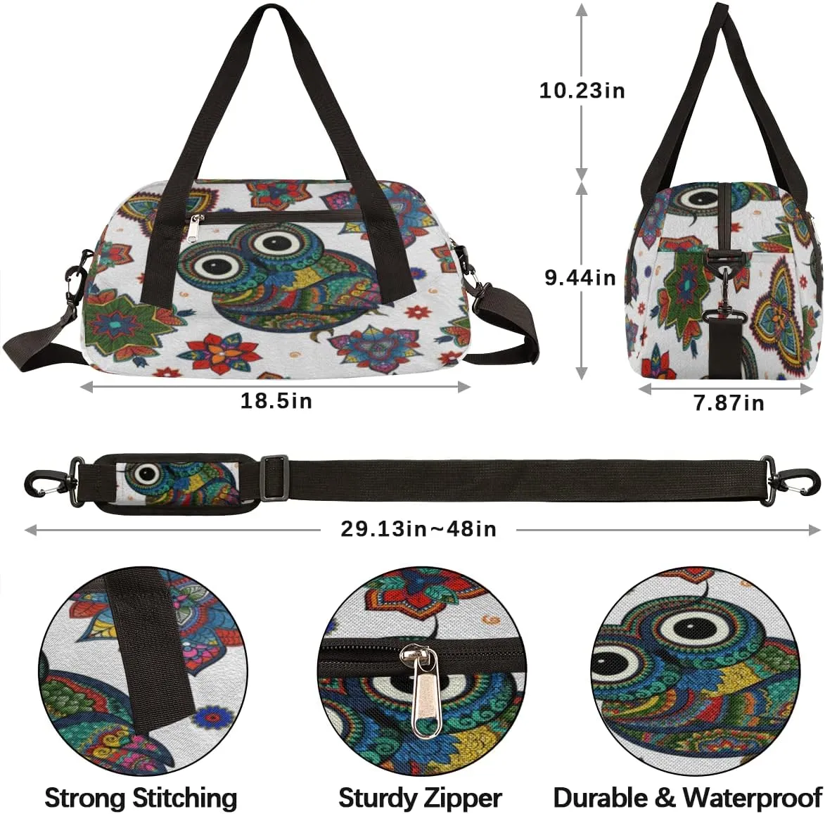 Boho Ethnic Tribal Owl Kids Duffel Bag for Girls Boys Teens, Oil Painting Dance Bag Overnight Small Duffel Bag Carry On Weekend Sports Gym Travel Bag for School Practice Gymnastics Ballet
