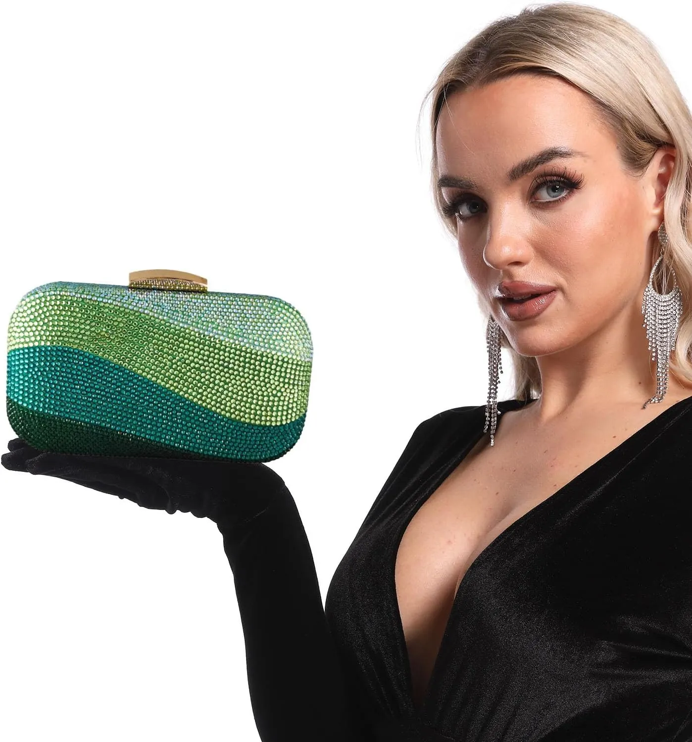 Boutique De FGG Sea Wave Luxury Crystal Clutch Evening Bags for Women Colorful Rhinestone Wedding Handbags and Purses