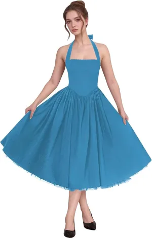 Bow Tea Length Prom Dresses for Women 2025 Satin Pleated Halter Cocktail Dress A Line Corset Formal Evening Party Gown