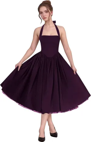 Bow Tea Length Prom Dresses for Women 2025 Satin Pleated Halter Cocktail Dress A Line Corset Formal Evening Party Gown