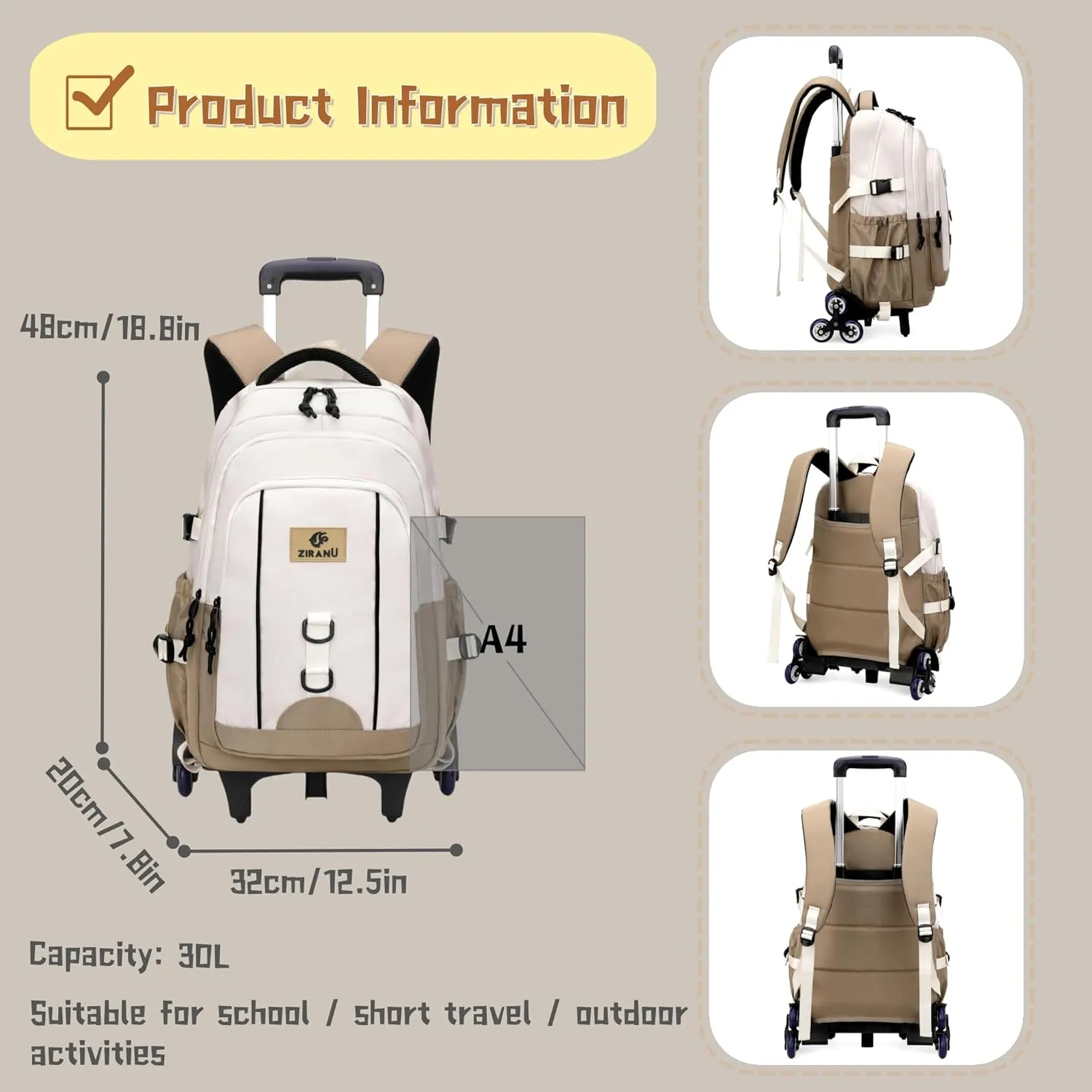Boys Backpack with 6 Wheels for School Kids, Rolling Backpack for Boys Elementary Middle School Bags on Wheels, Blue