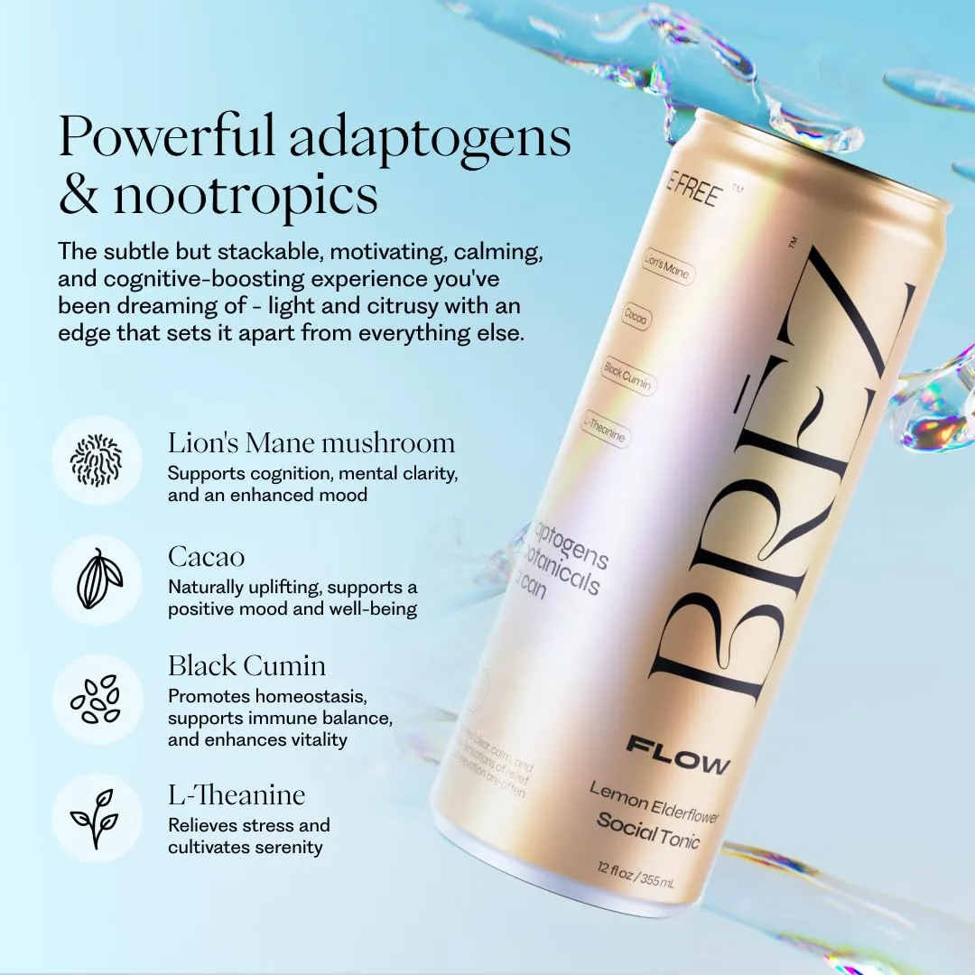 BREZ FLOW Lion’s Mane Mushroom Drink, Non-Infused, Adaptogens, Relieving, Uplifting, and Social, Sparkling Lemon Elderflower Tonic 12 Fl oz (12-Pack)