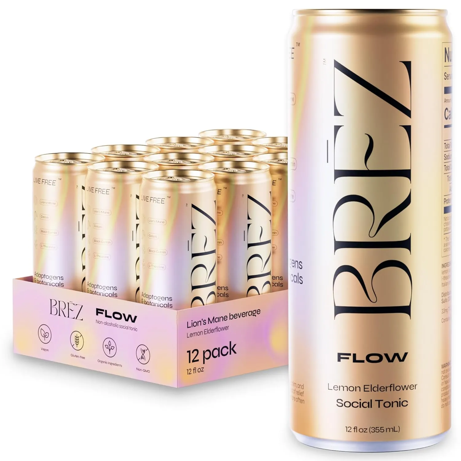 BREZ FLOW Lion’s Mane Mushroom Drink, Non-Infused, Adaptogens, Relieving, Uplifting, and Social, Sparkling Lemon Elderflower Tonic 12 Fl oz (12-Pack)