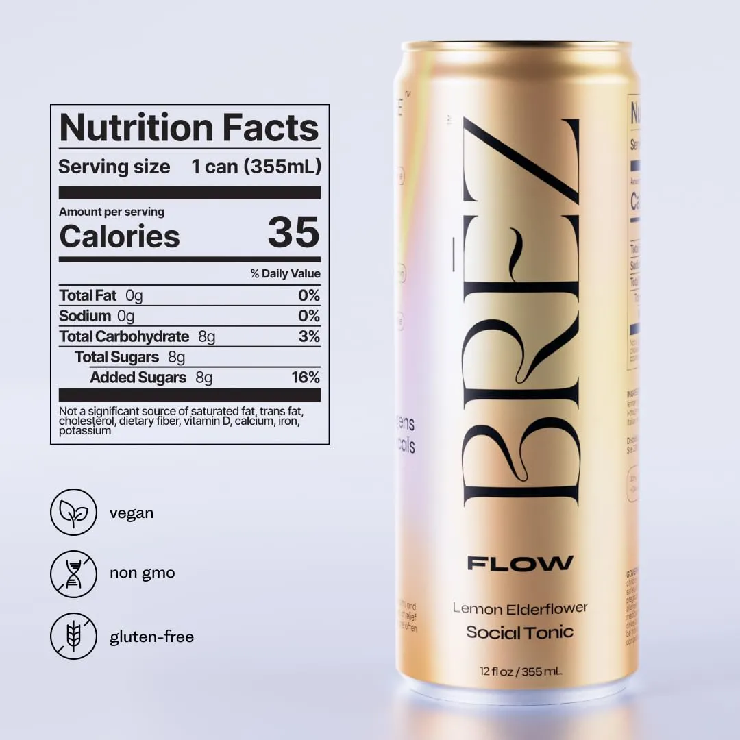BREZ FLOW Lion’s Mane Mushroom Drink, Non-Infused, Adaptogens, Relieving, Uplifting, and Social, Sparkling Lemon Elderflower Tonic 12 Fl oz (12-Pack)