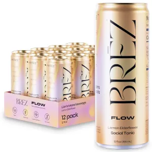 BREZ FLOW Lion’s Mane Mushroom Drink, Non-Infused, Adaptogens, Relieving, Uplifting, and Social, Sparkling Lemon Elderflower Tonic 12 Fl oz (12-Pack)
