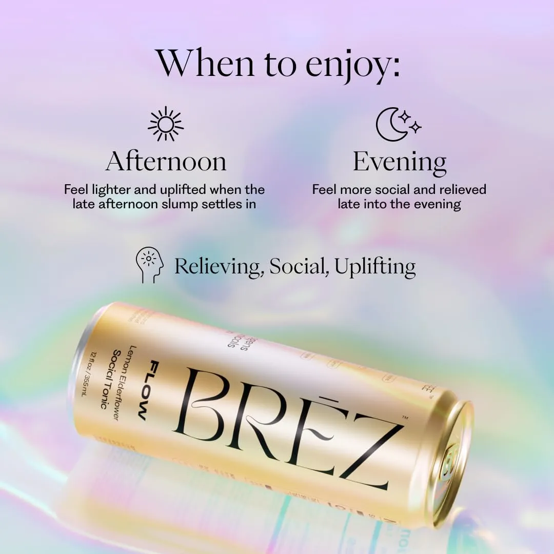 BREZ FLOW Lion’s Mane Mushroom Drink, Non-Infused, Adaptogens, Relieving, Uplifting, and Social, Sparkling Lemon Elderflower Tonic 12 Fl oz (12-Pack)