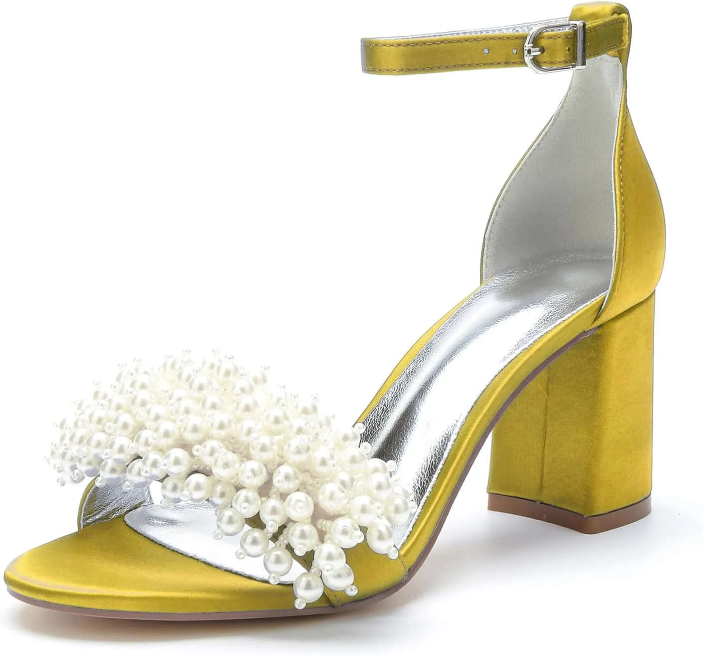 Bridal Shoes Open Toe Wedding High Heels Block Pumps Crystal Bride High Heels Sandals Evening Party Dress 8CM Bridesmaids Ankle Strap,Yellow,5