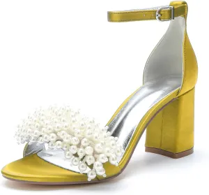 Bridal Shoes Open Toe Wedding High Heels Block Pumps Crystal Bride High Heels Sandals Evening Party Dress 8CM Bridesmaids Ankle Strap,Yellow,5