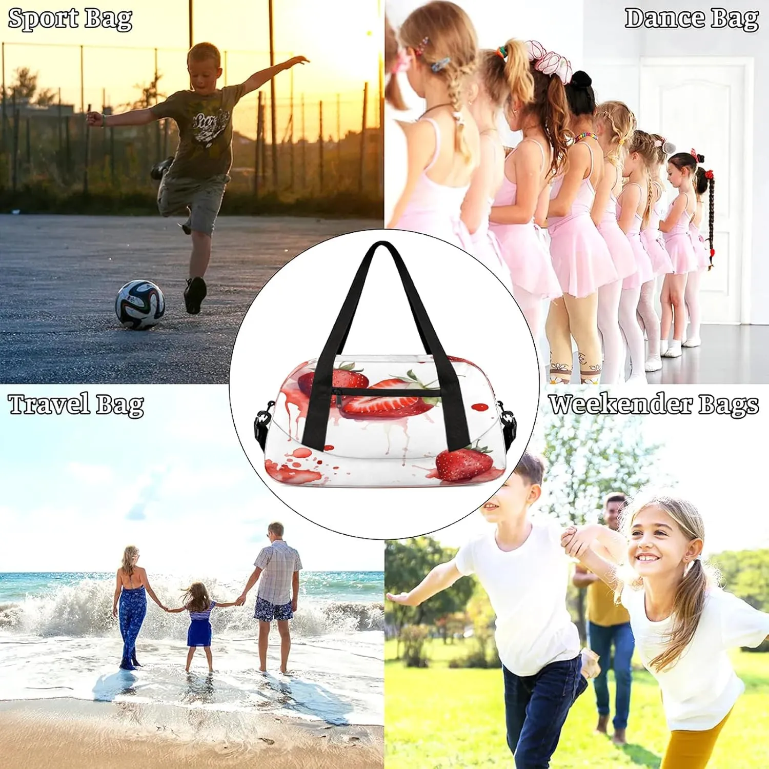 Bright Strawberry Pattern Kids Duffel Bag Lightweight Waterproof Sports Gym Bag with Front Zipper Pocket Foldable Weekender Overnight Bag for School Practice Gymnastic Ballet