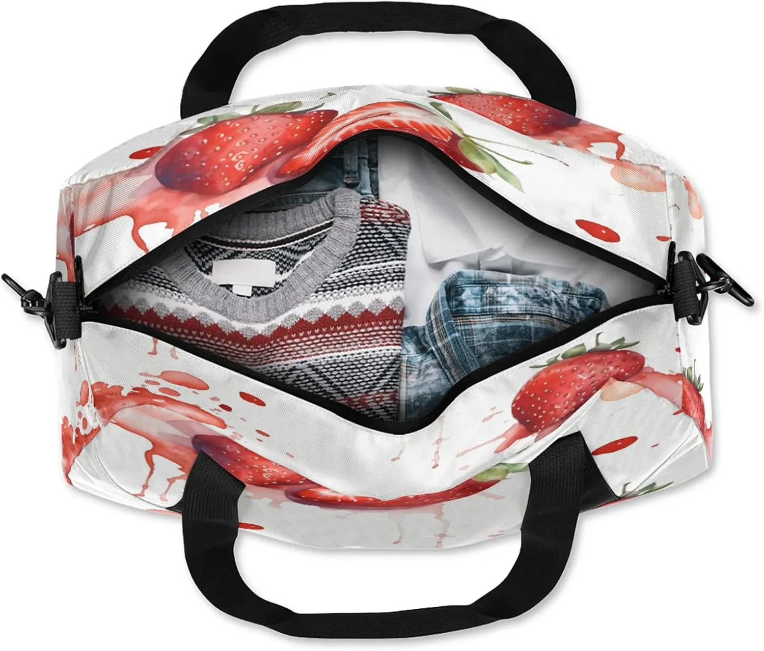 Bright Strawberry Pattern Kids Duffel Bag Lightweight Waterproof Sports Gym Bag with Front Zipper Pocket Foldable Weekender Overnight Bag for School Practice Gymnastic Ballet