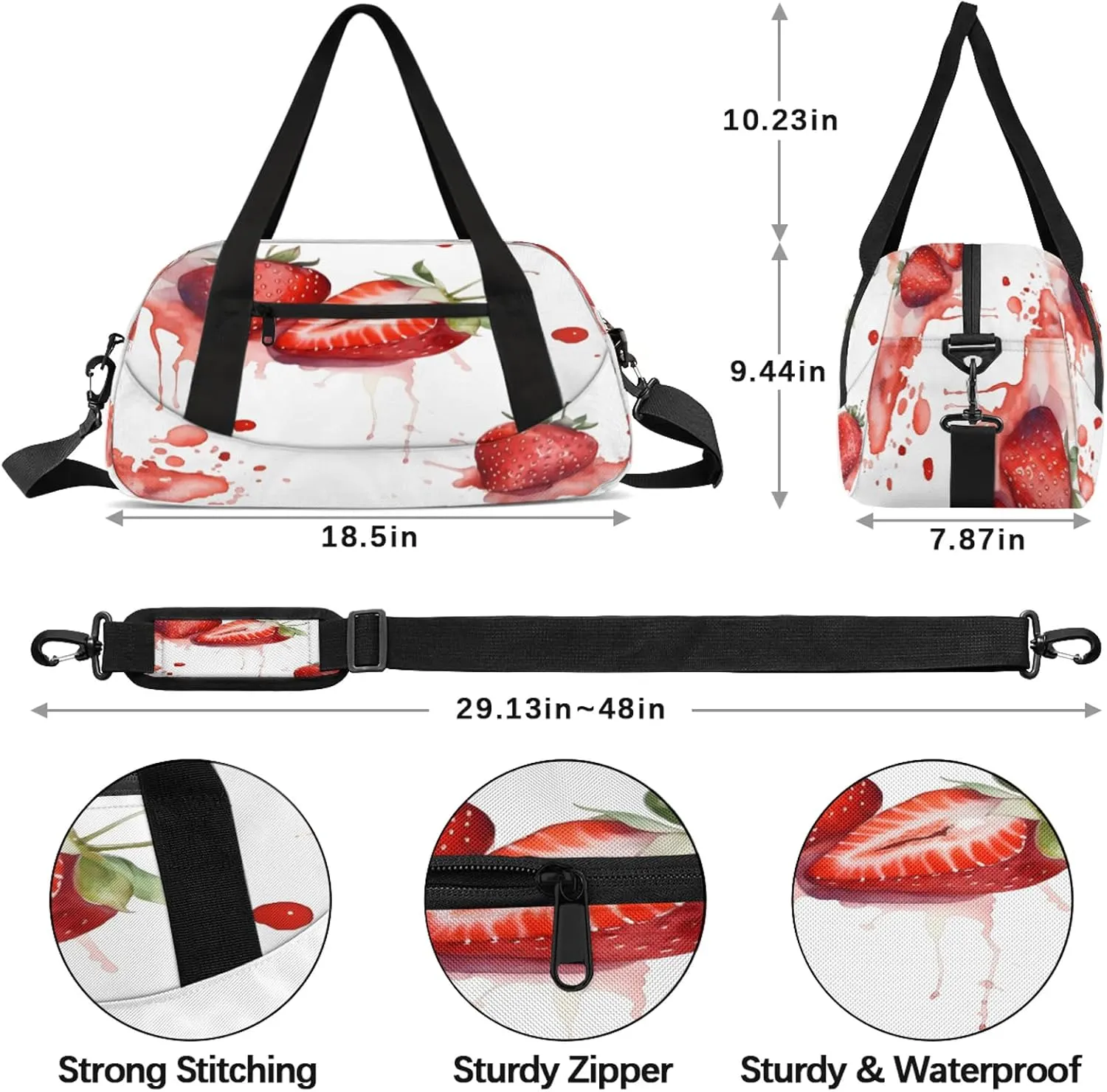 Bright Strawberry Pattern Kids Duffel Bag Lightweight Waterproof Sports Gym Bag with Front Zipper Pocket Foldable Weekender Overnight Bag for School Practice Gymnastic Ballet