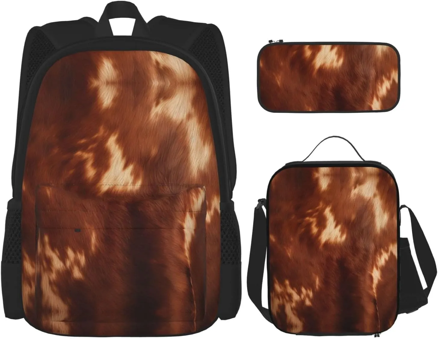 Brown Cowhide Print Stylish Travel Backpack And Lunch Box Set,600d Oxford Fabric,With Insulated Lunch Bag