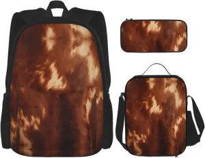 Brown Cowhide Print Stylish Travel Backpack And Lunch Box Set,600d Oxford Fabric,With Insulated Lunch Bag