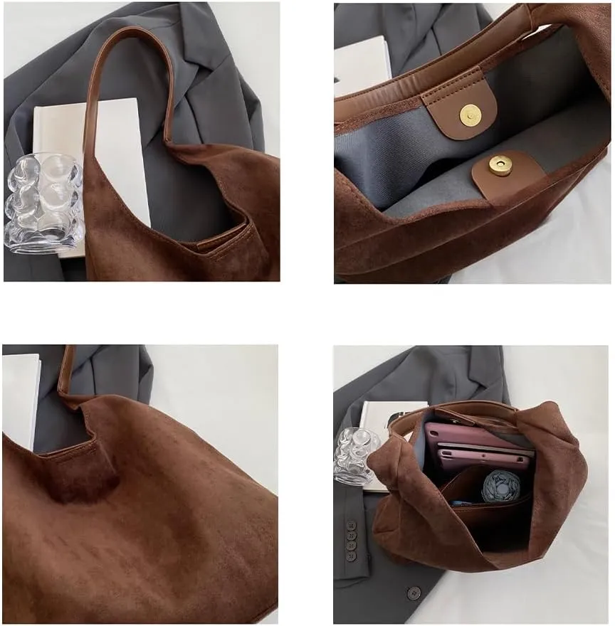 Brown Suede Tote Bag for Women - Soft Leather Shoulder Bag Purse for Office, Work & Daily Use