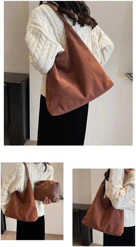 Brown Suede Tote Bag for Women - Soft Leather Shoulder Bag Purse for Office, Work & Daily Use