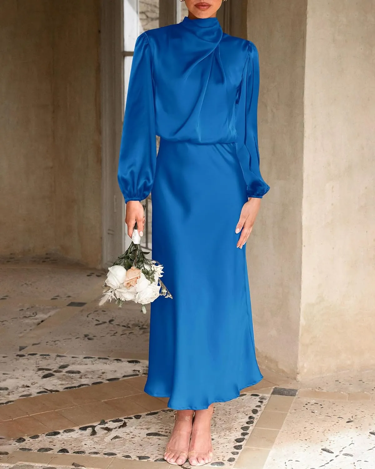 BTFBM Womens Mock Neck Satin Dress 2025 Summer Spring Long Sleeve High Waist Wedding Party Maxi Formal Cocktail Dresses