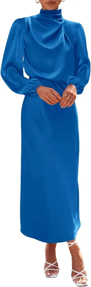 BTFBM Womens Mock Neck Satin Dress 2025 Summer Spring Long Sleeve High Waist Wedding Party Maxi Formal Cocktail Dresses