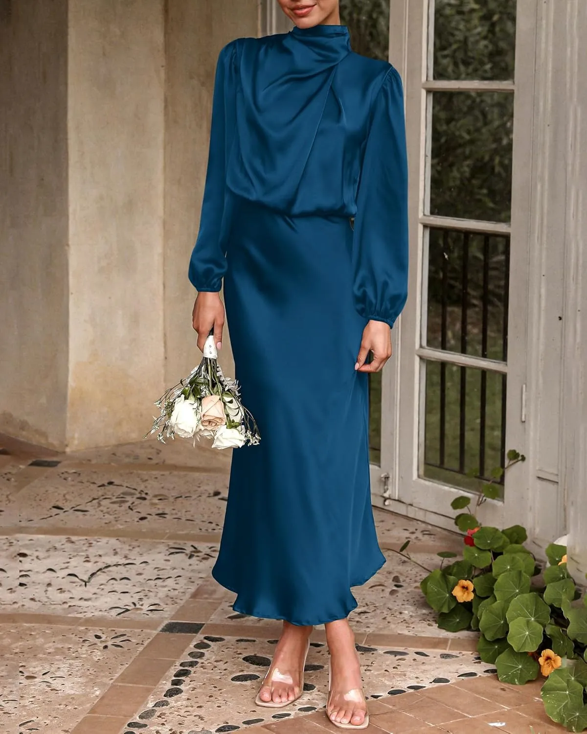 BTFBM Womens Mock Neck Satin Dress 2025 Summer Spring Long Sleeve High Waist Wedding Party Maxi Formal Cocktail Dresses