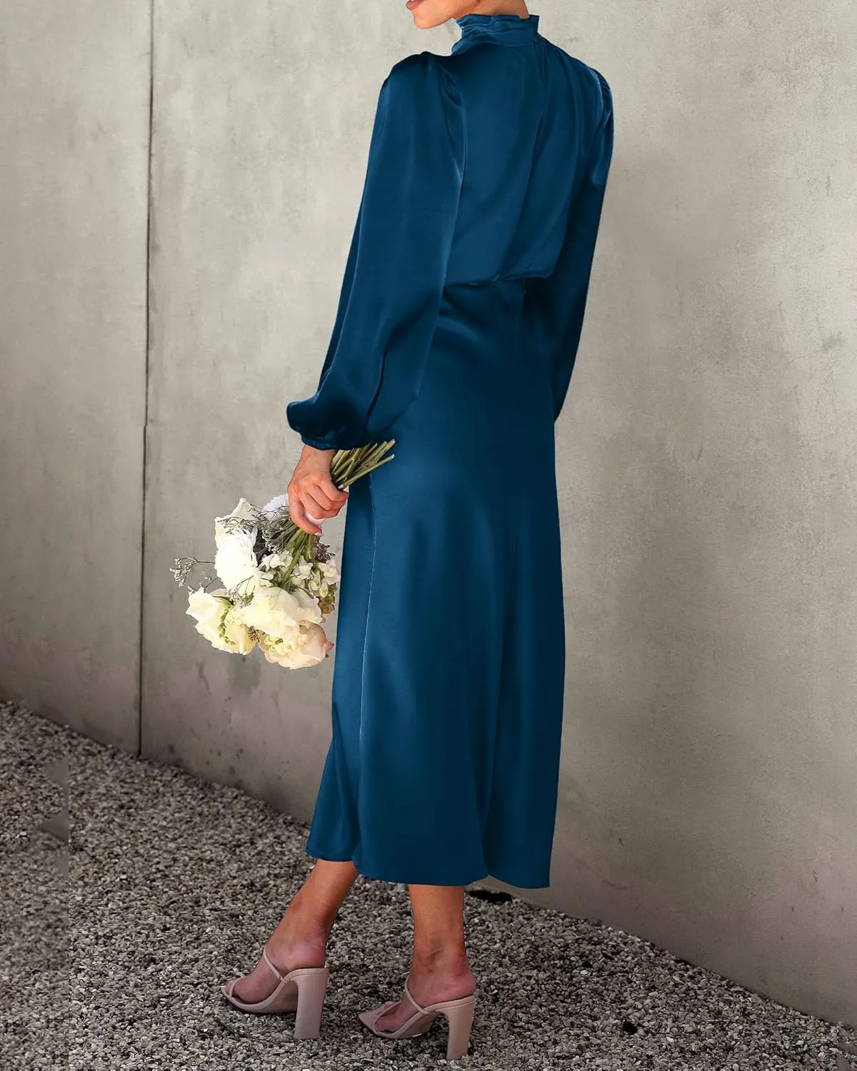 BTFBM Womens Mock Neck Satin Dress 2025 Summer Spring Long Sleeve High Waist Wedding Party Maxi Formal Cocktail Dresses