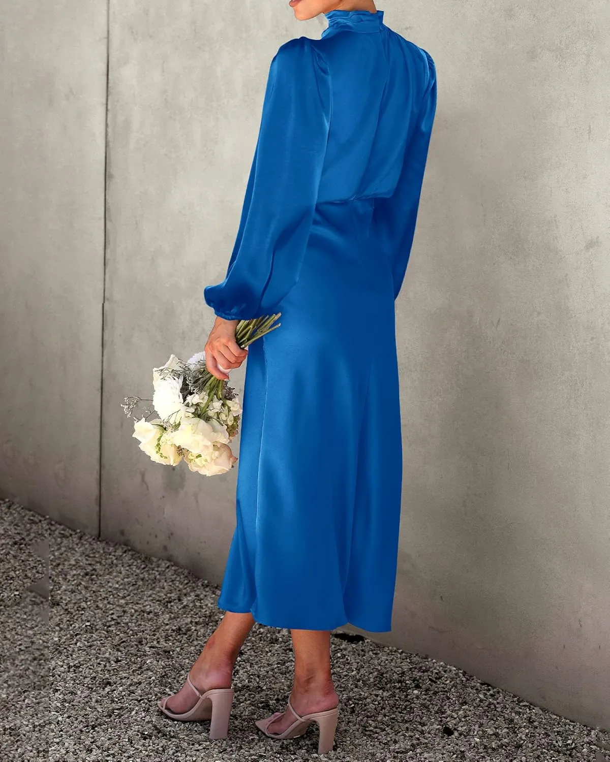 BTFBM Womens Mock Neck Satin Dress 2025 Summer Spring Long Sleeve High Waist Wedding Party Maxi Formal Cocktail Dresses