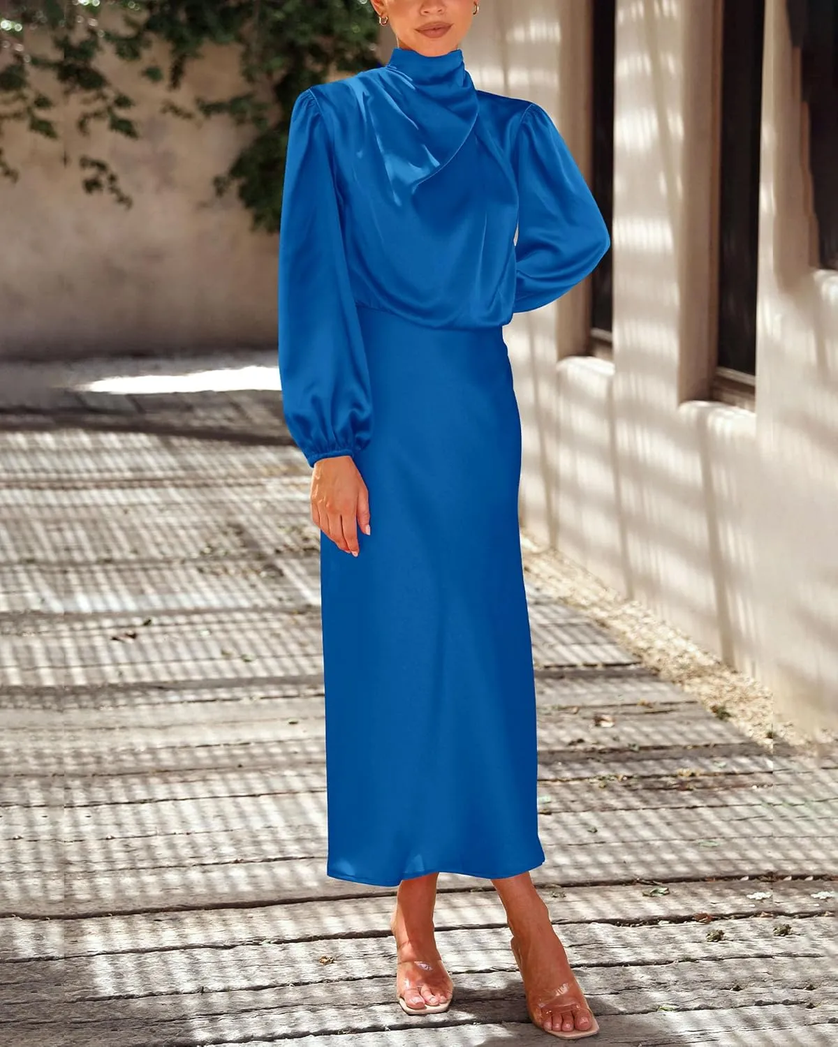 BTFBM Womens Mock Neck Satin Dress 2025 Summer Spring Long Sleeve High Waist Wedding Party Maxi Formal Cocktail Dresses