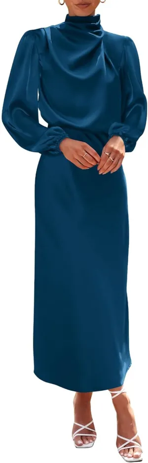 BTFBM Womens Mock Neck Satin Dress 2025 Summer Spring Long Sleeve High Waist Wedding Party Maxi Formal Cocktail Dresses