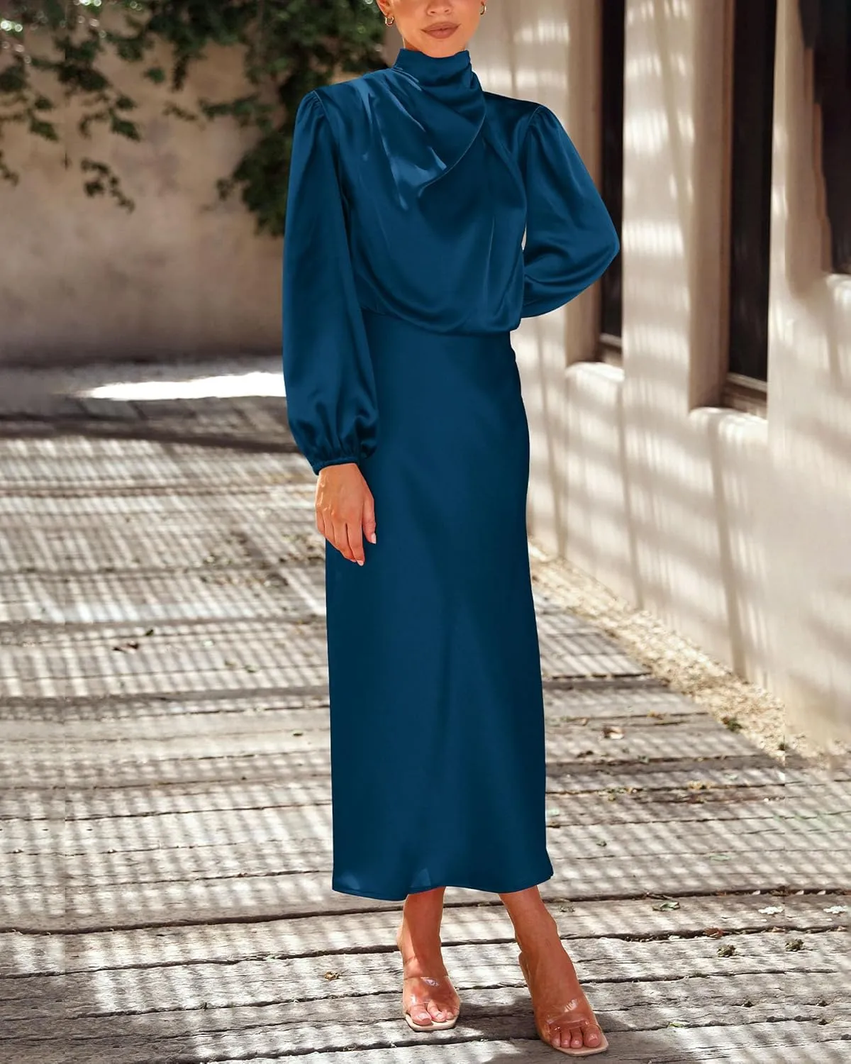 BTFBM Womens Mock Neck Satin Dress 2025 Summer Spring Long Sleeve High Waist Wedding Party Maxi Formal Cocktail Dresses