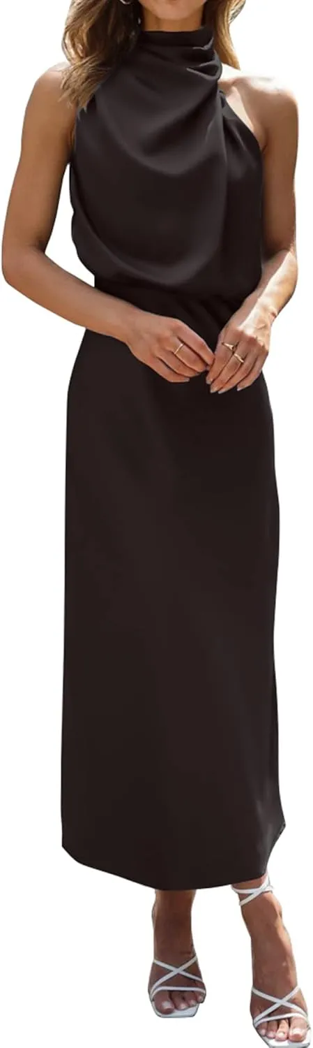 BTFBM Womens Sleeveless Cocktail Dresses Mock Neck Keyhole Elastic High Waist Evening Party Maxi Wedding Guest Dress