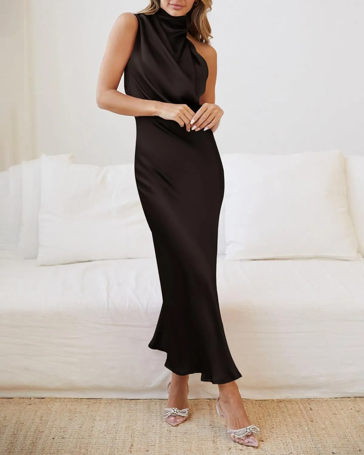 BTFBM Womens Sleeveless Cocktail Dresses Mock Neck Keyhole Elastic High Waist Evening Party Maxi Wedding Guest Dress
