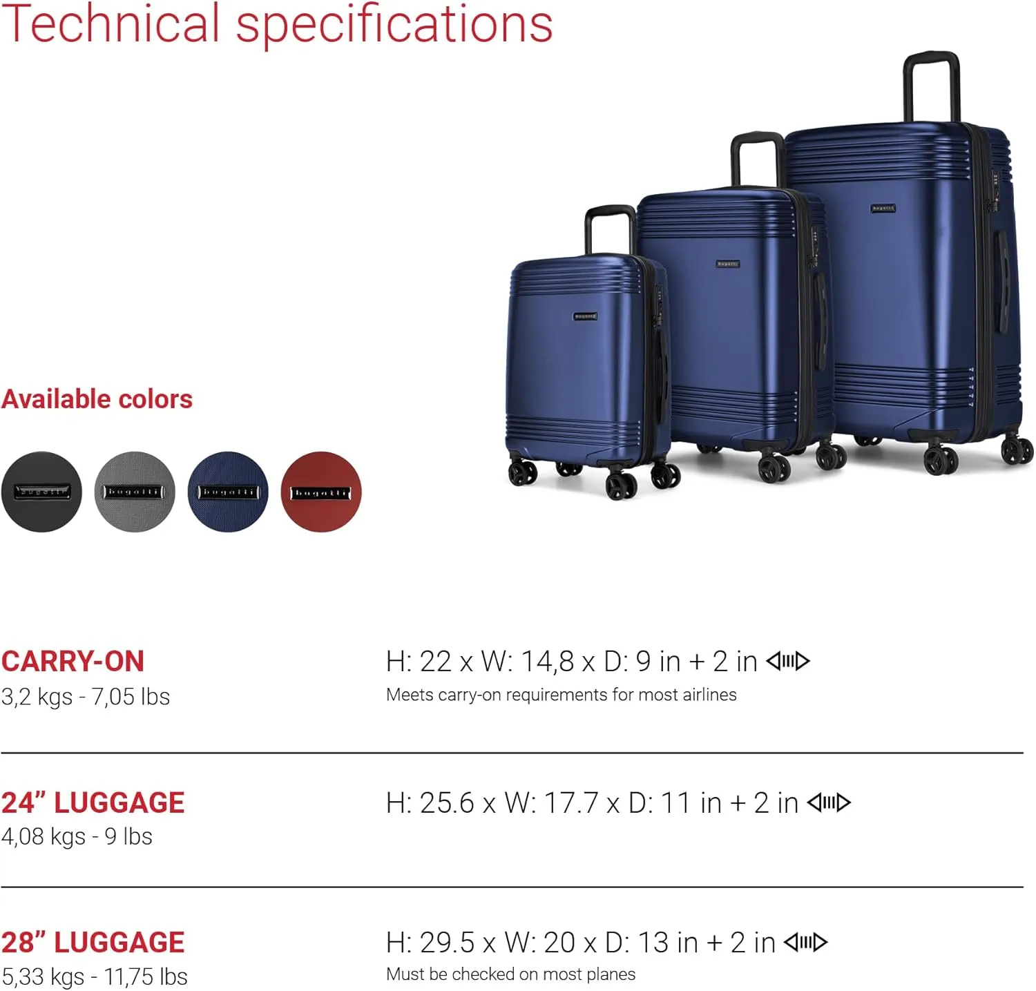 Bugatti Nashville Collection 24 Inch Hard Shell Luggage for Airplanes, Mid Size Hardside Expandable Suitcase with 360-Degree Spinner Wheels, Retractable Handle, Navy