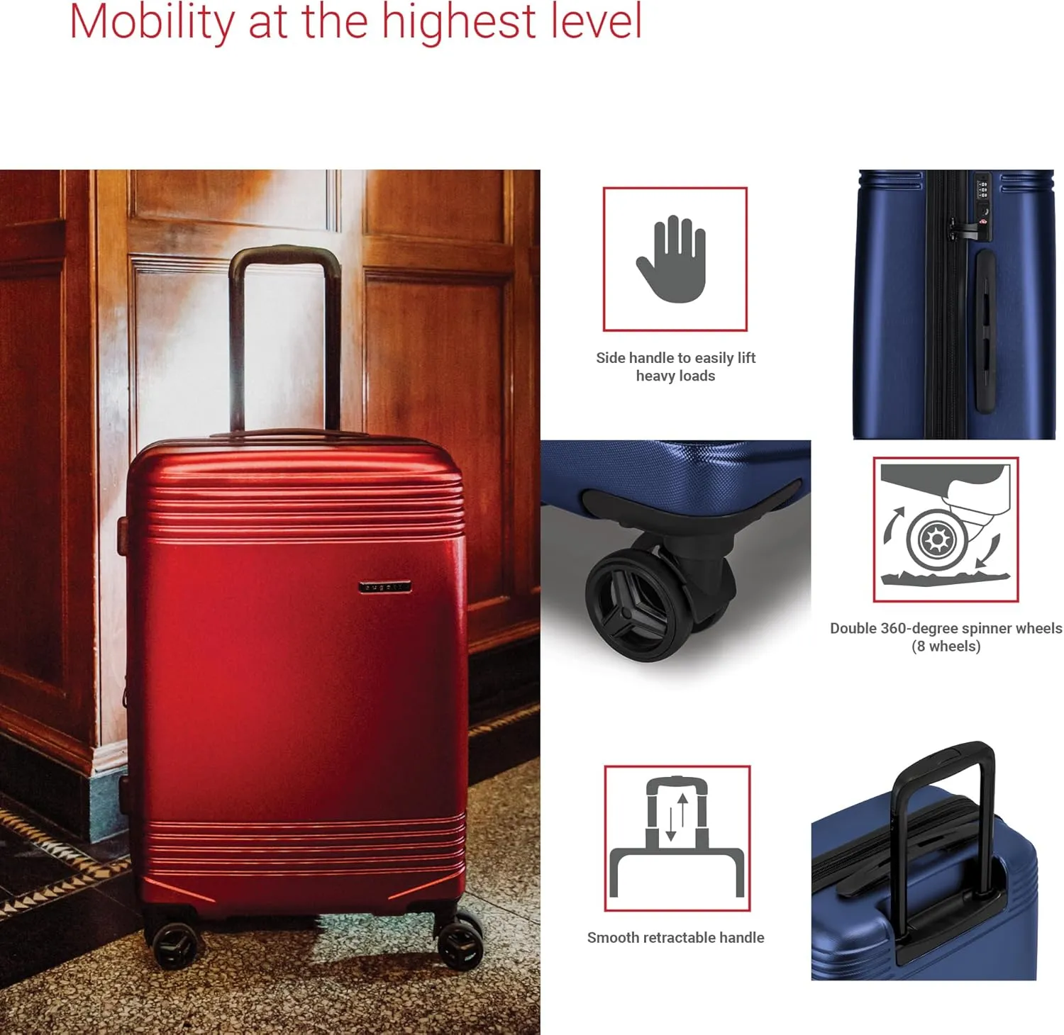 Bugatti Nashville Collection 24 Inch Hard Shell Luggage for Airplanes, Mid Size Hardside Expandable Suitcase with 360-Degree Spinner Wheels, Retractable Handle, Navy