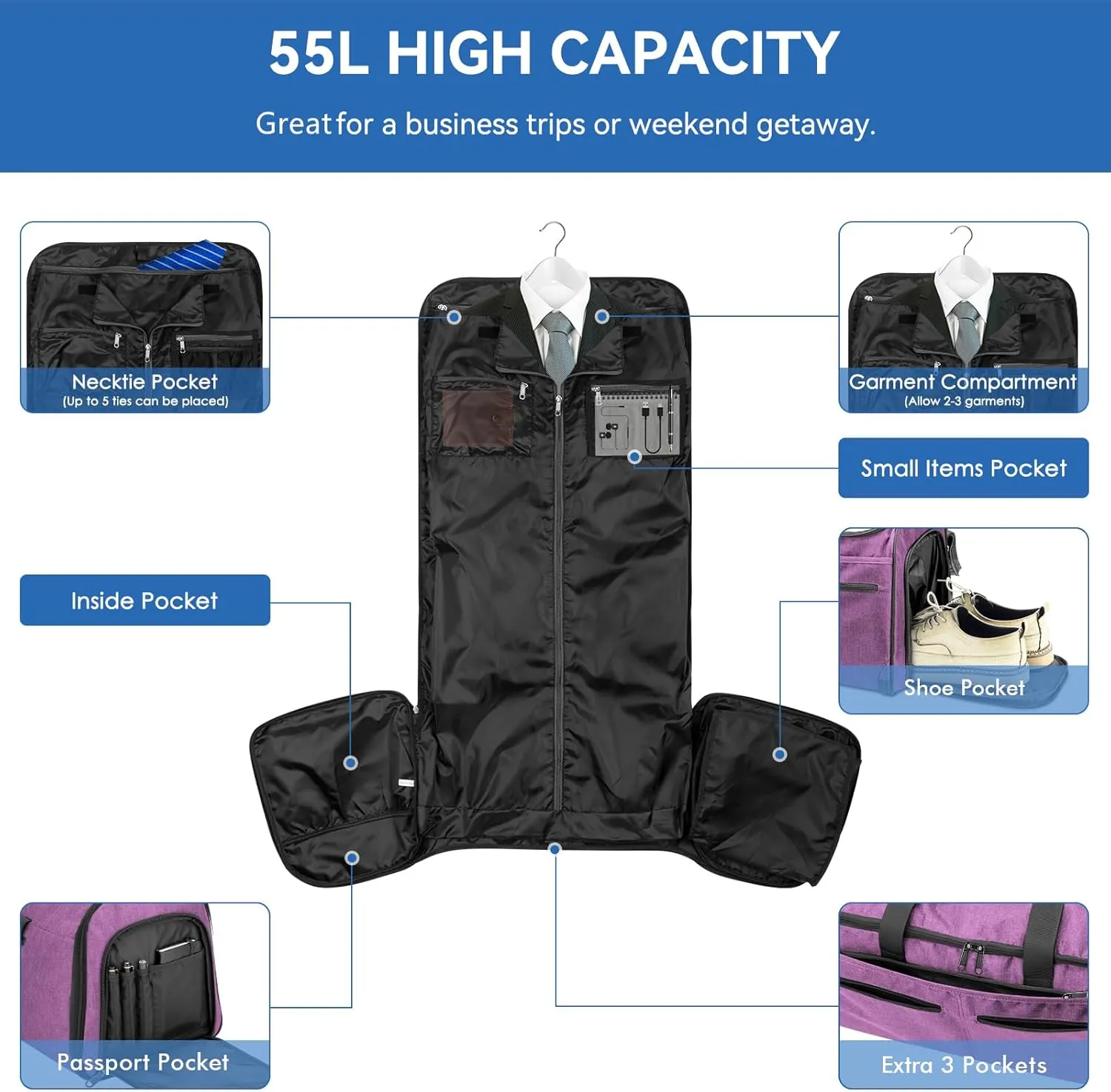 Bukere Garment Bag with Wheels, Rolling Travel Garment Duffle Bag with Shoes Compartment, Convertible 3 in 1 Suit Dress Bags for Men Women Business
