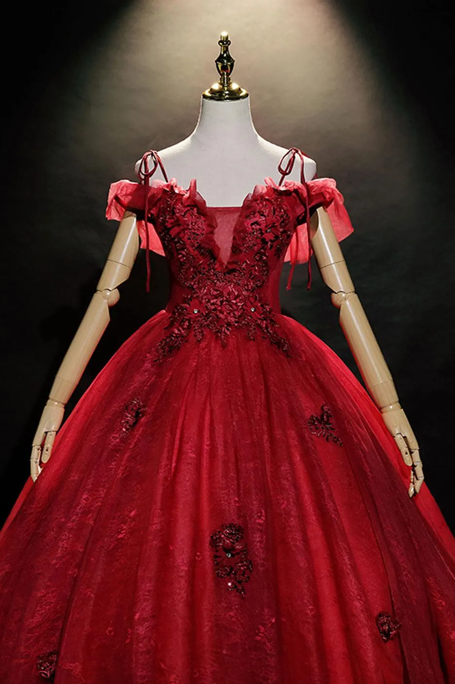 Burgundy Prom Dress Off the Shoulder Tulle Lace Long Sweet 16 Dress Evening Dress