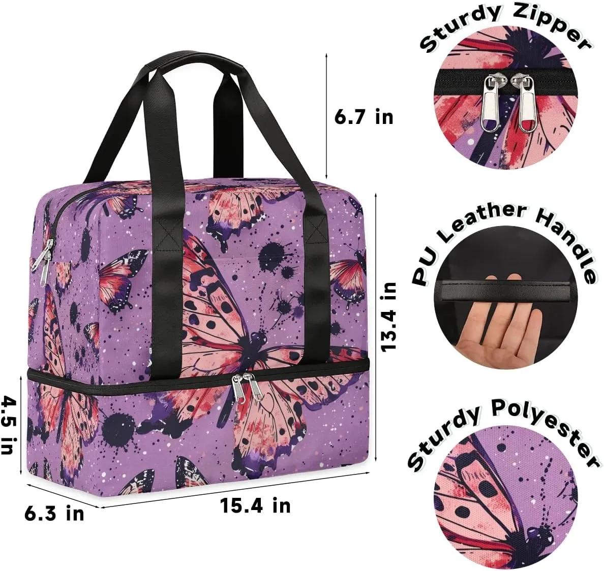 Butterfly Themed Travel Duffel Bag Dry Wet Separated Sports Tote Travel Duffle Bag Gym Workout Bag Women Travel Duffel Bag for Women, Travel, Gym, Work