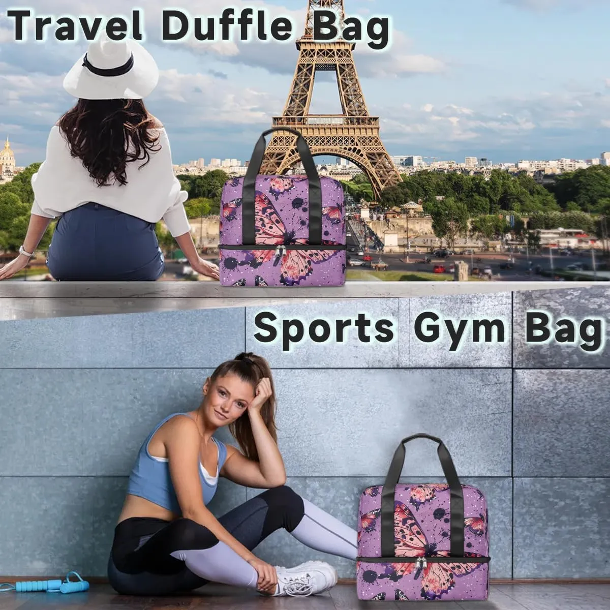 Butterfly Themed Travel Duffel Bag Dry Wet Separated Sports Tote Travel Duffle Bag Gym Workout Bag Women Travel Duffel Bag for Women, Travel, Gym, Work