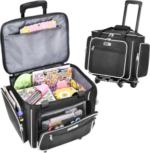 CAB55 Rolling Craft Bag, Rolling Tote Bag with Wheels for Women, Rolling Teacher Bag with Removable Folding Hand Truck (Black)