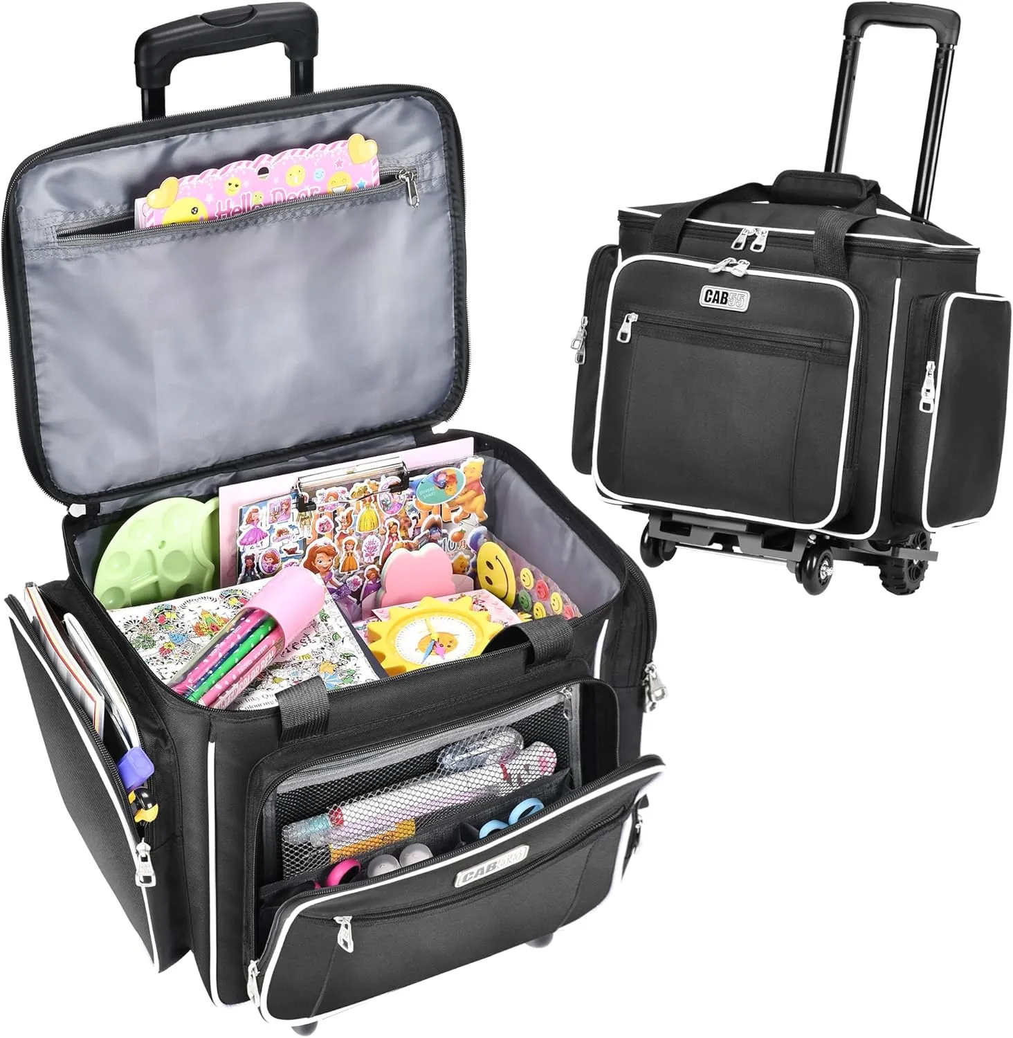 CAB55 Rolling Craft Bag, Rolling Tote Bag with Wheels for Women, Rolling Teacher Bag with Removable Folding Hand Truck (Black)