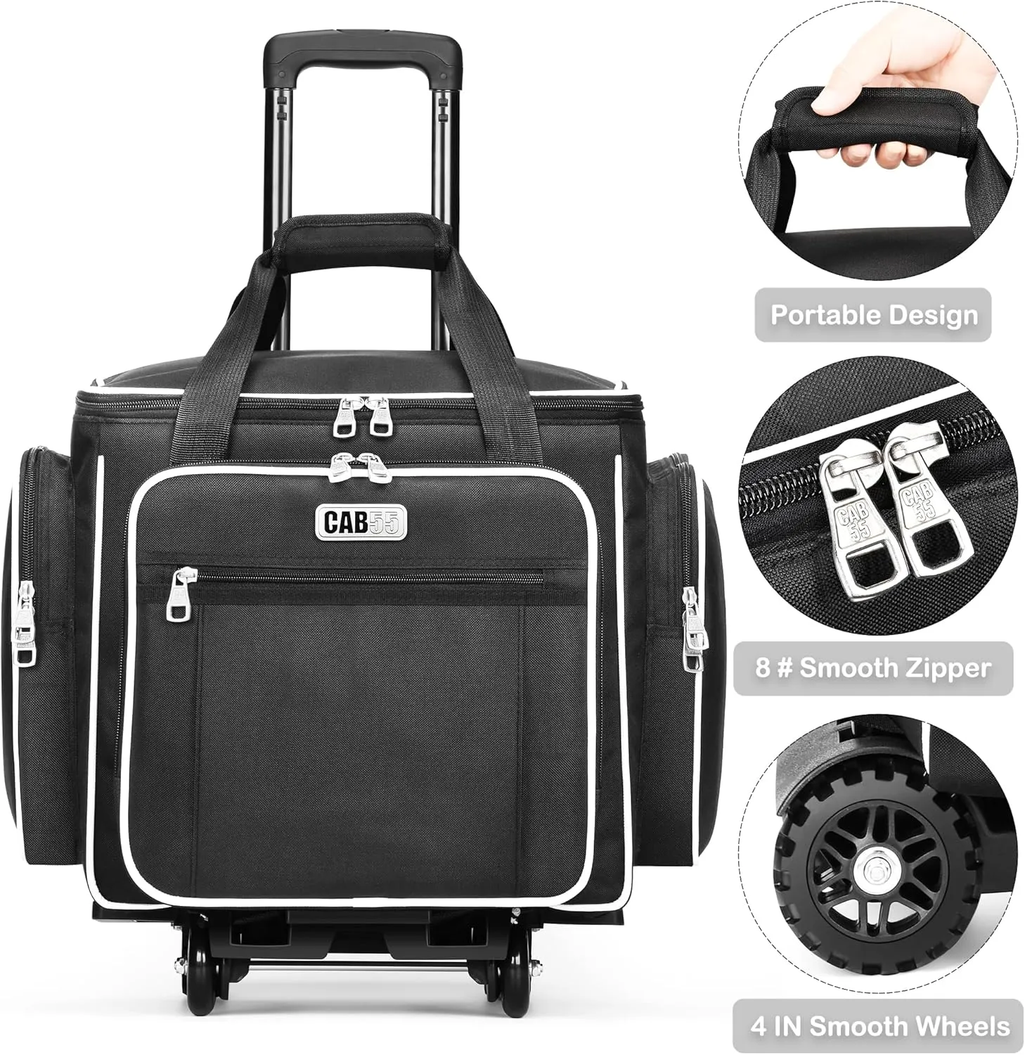 CAB55 Rolling Craft Bag, Rolling Tote Bag with Wheels for Women, Rolling Teacher Bag with Removable Folding Hand Truck (Black)