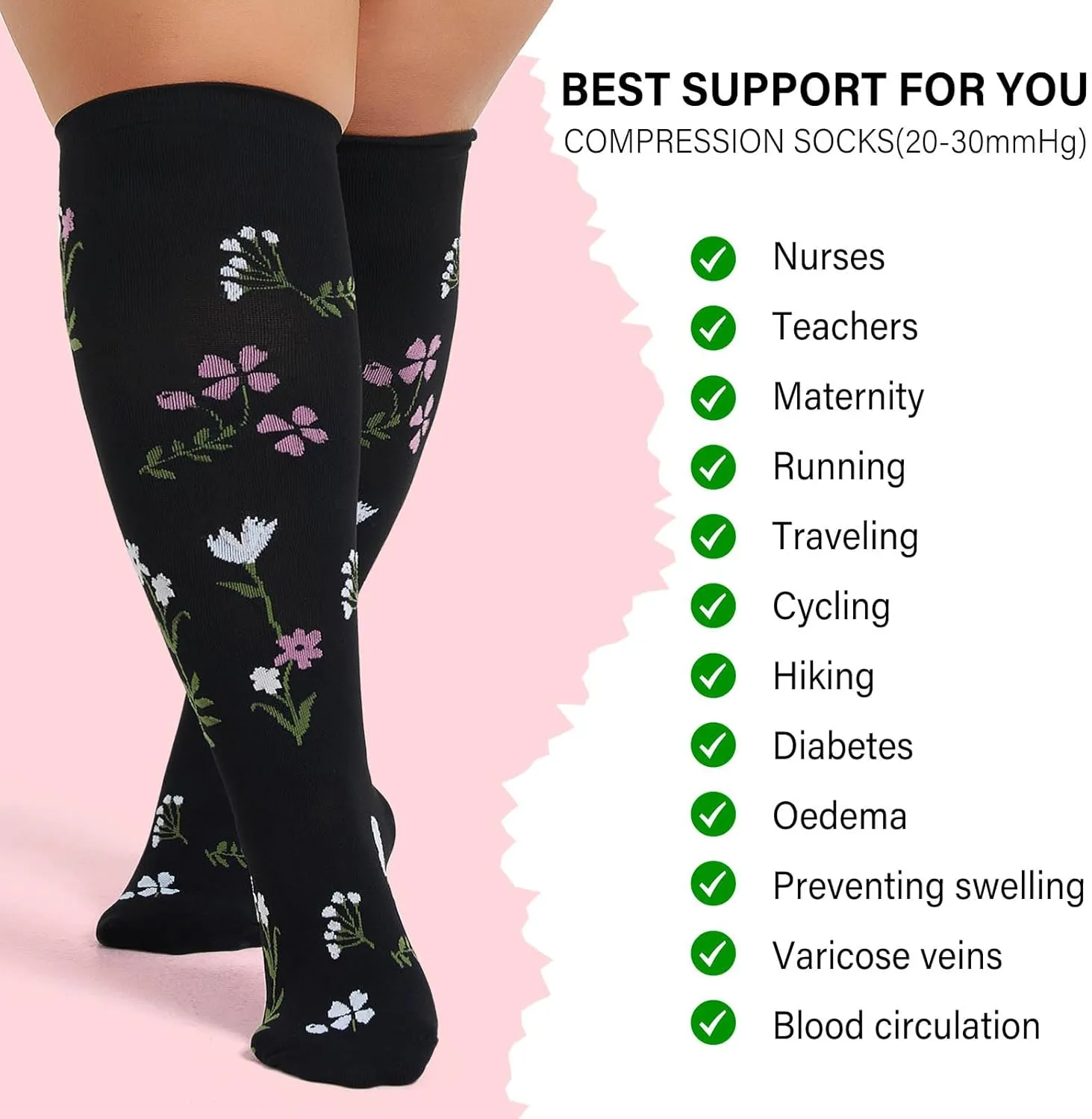 CaiDieNu Plus Size Compression Socks: Wide Calf Compression Socks for Women and Men Knee High Pregnant Nurses Running Travel