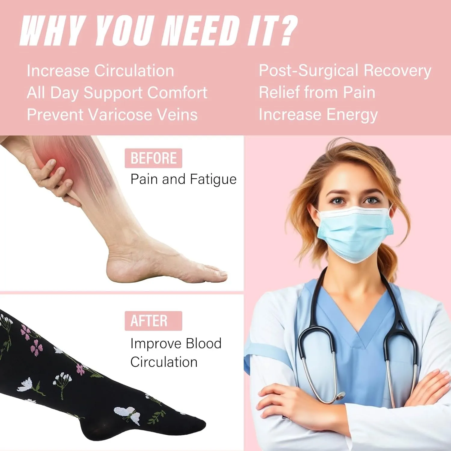 CaiDieNu Plus Size Compression Socks: Wide Calf Compression Socks for Women and Men Knee High Pregnant Nurses Running Travel
