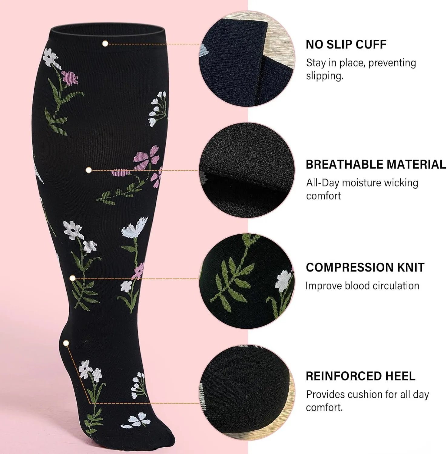 CaiDieNu Plus Size Compression Socks: Wide Calf Compression Socks for Women and Men Knee High Pregnant Nurses Running Travel