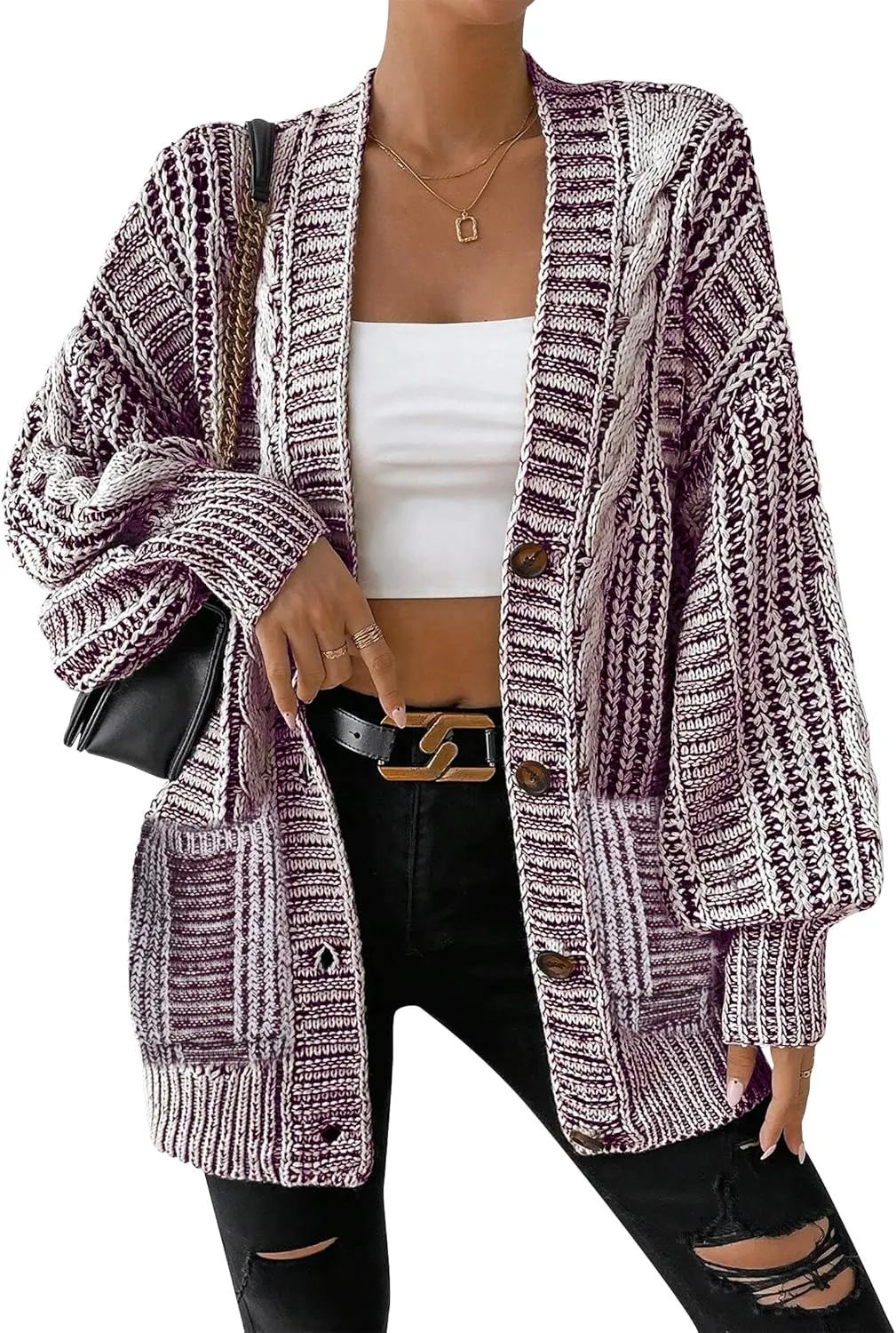 Cakulo Womens Oversized Chunky Cable Knit Cardigan Sweaters 2024 Fall Open Front Button Women Cardigans Pocket