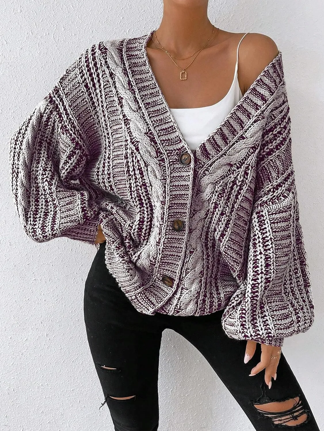 Cakulo Womens Oversized Chunky Cable Knit Cardigan Sweaters 2024 Fall Open Front Button Women Cardigans Pocket