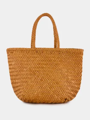 Camel Grace Small Woven Leather Basket Bag