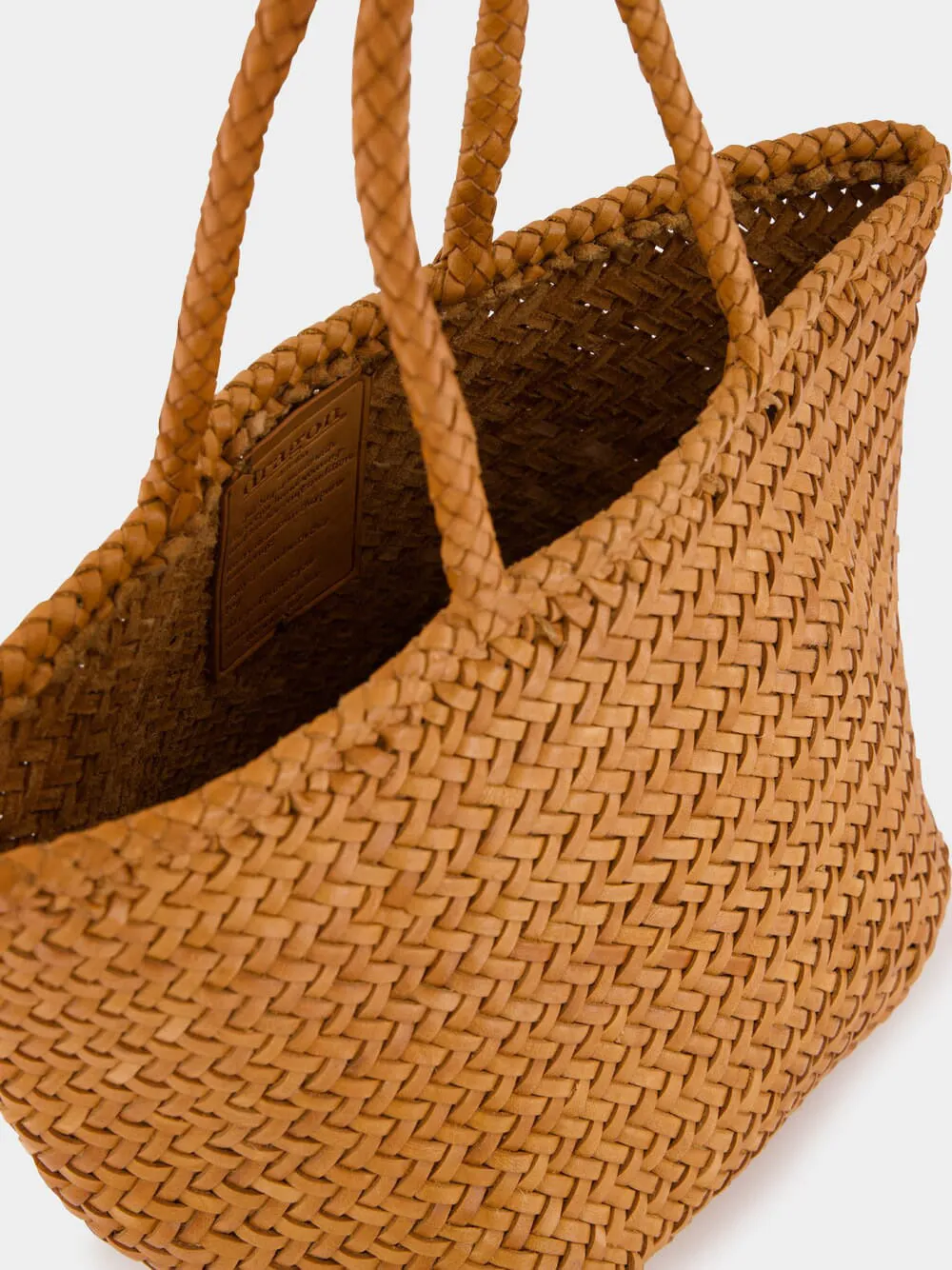 Camel Grace Small Woven Leather Basket Bag